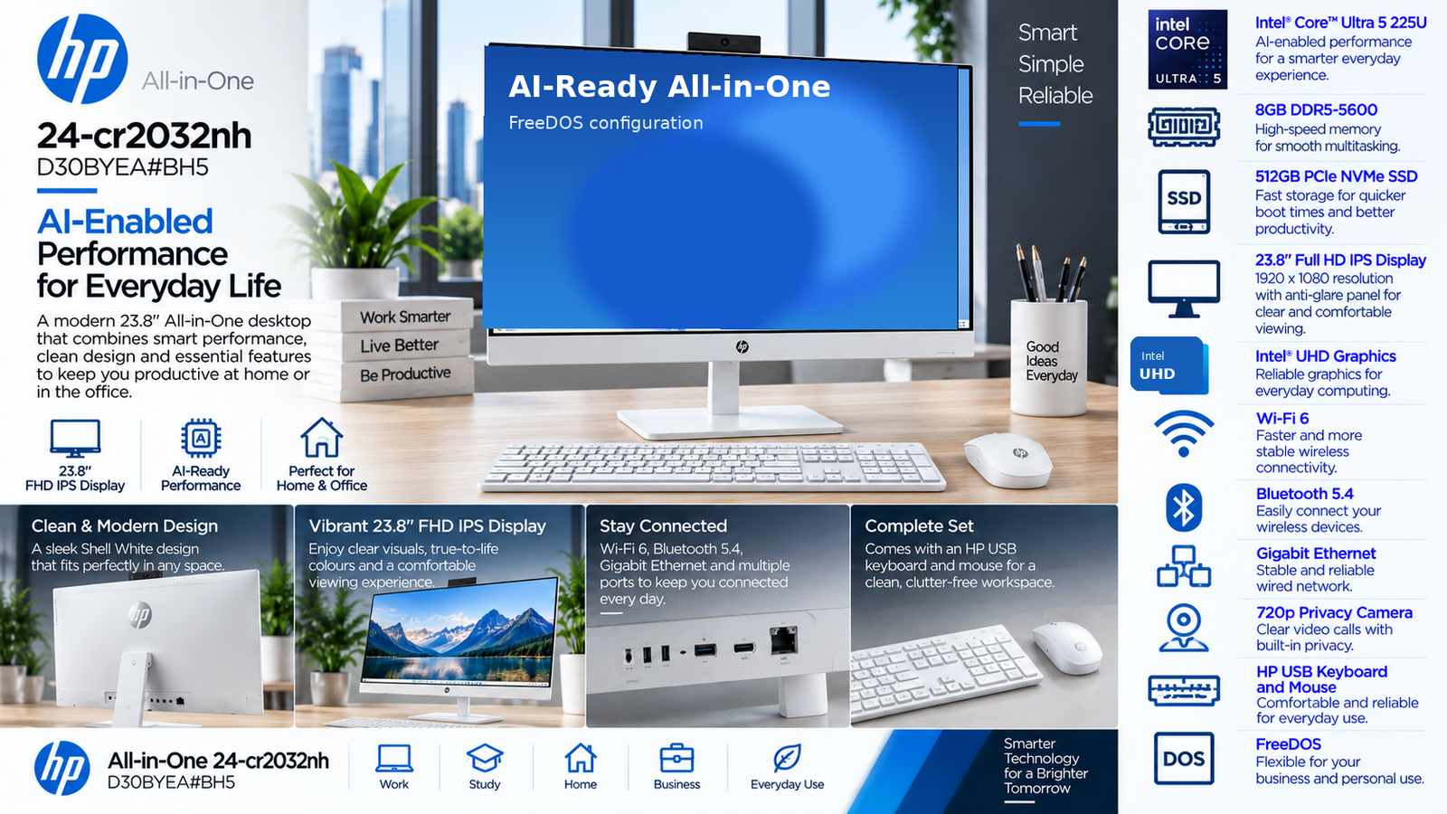 HP All-in-One 24-cr2032nh D30BYEA#BH5 AI Desktop PC, Intel Core Ultra 5 225U, 8GB DDR5-5600, 512GB PCIe NVMe SSD, 23.8-inch FHD IPS, Intel UHD Graphics, Wi-Fi 6, FreeDOS, USB Keyboard & Mouse, Shell White
